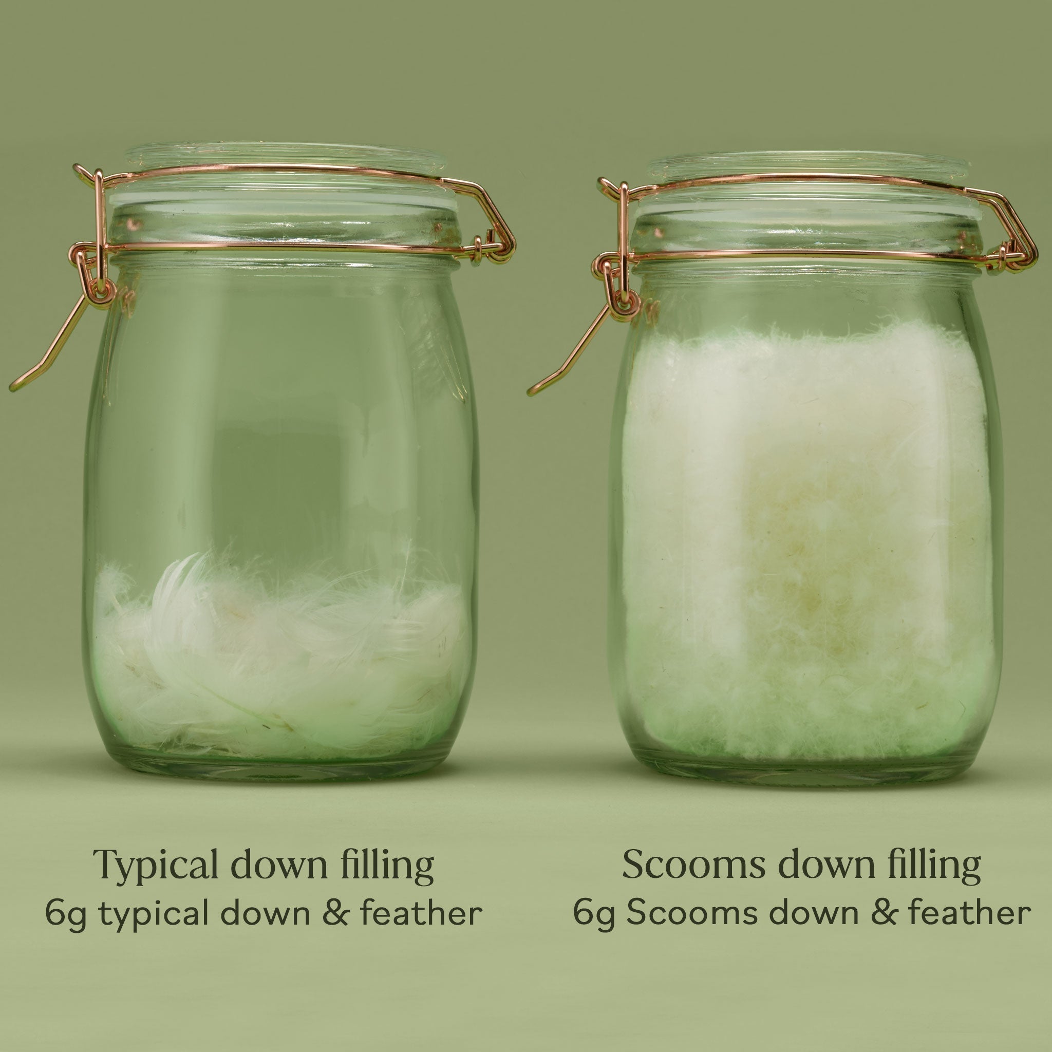 wo glass jars with metal clasps, one labeled 'Typical down filling' and the other 'Scooms down filling', on a green background.Two jars filled with 6 grams of Hungarian goose down and feather to compare the best Scooms down with typical down. Scooms