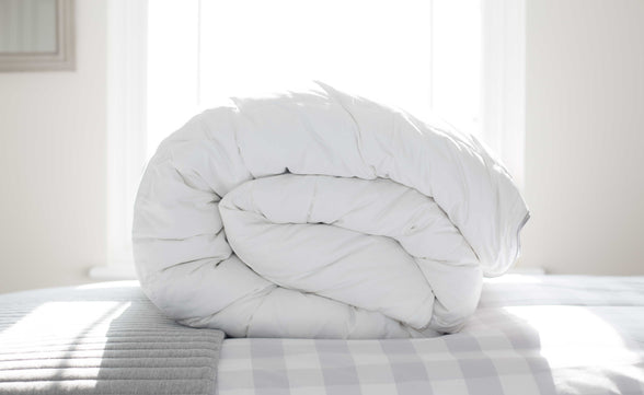 Rolled Duvet on a Check Duvet Cover in a Bedroom | Scooms