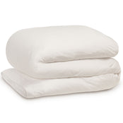 Pack shot of an Egyptian cotton duvet cover in white on a duvet. Scooms