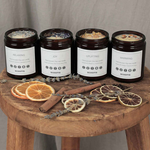 Natural scented candles - relaxing, warming, joy, uplifting. Scooms