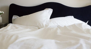 Unmade Bed With White Sheets And Black Headboard | scooms