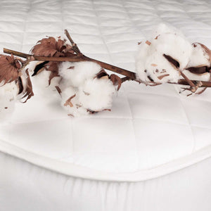 Cotton mattress protector on bed with cotton branch | scooms