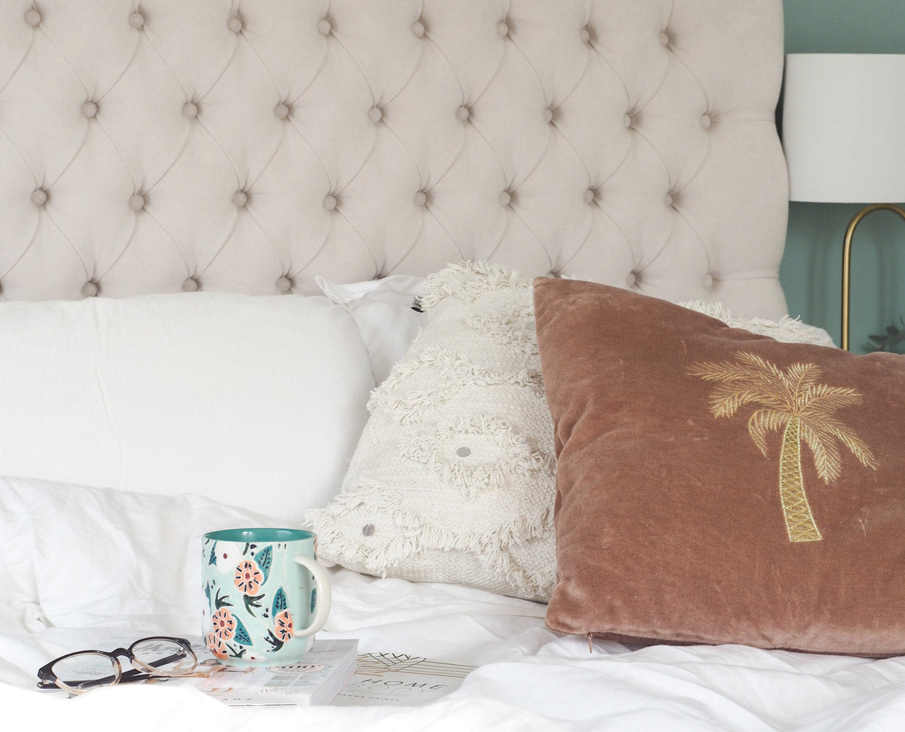 Bed with White Bedding, Glasses & Mug  | Scooms