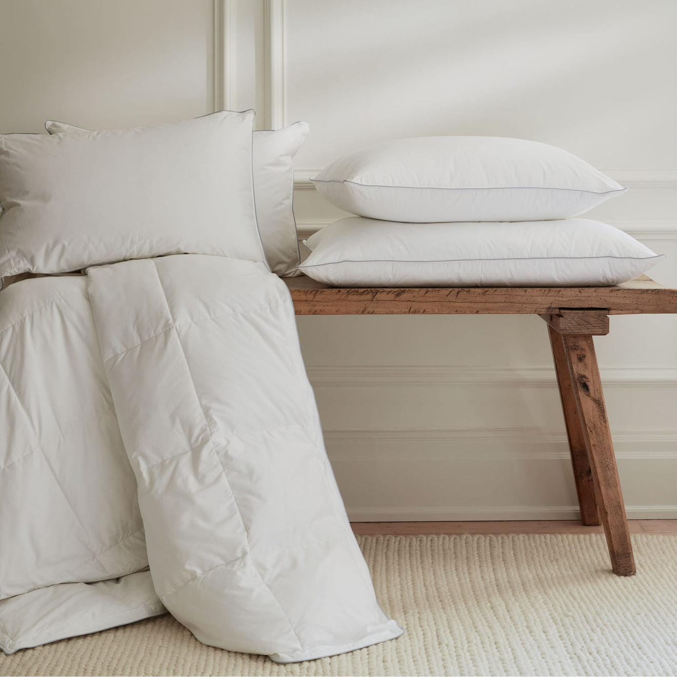 Hungarian goose down duvet and pillows on bench