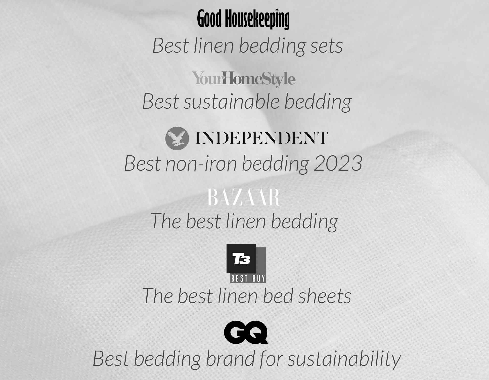 Best bedding award logos Good Housekeeping, Independent, Harpers Bazaar, Your Home Style, T3 and GQ