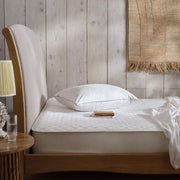 Mattress protector on a mattress and bed. Side view. Scooms