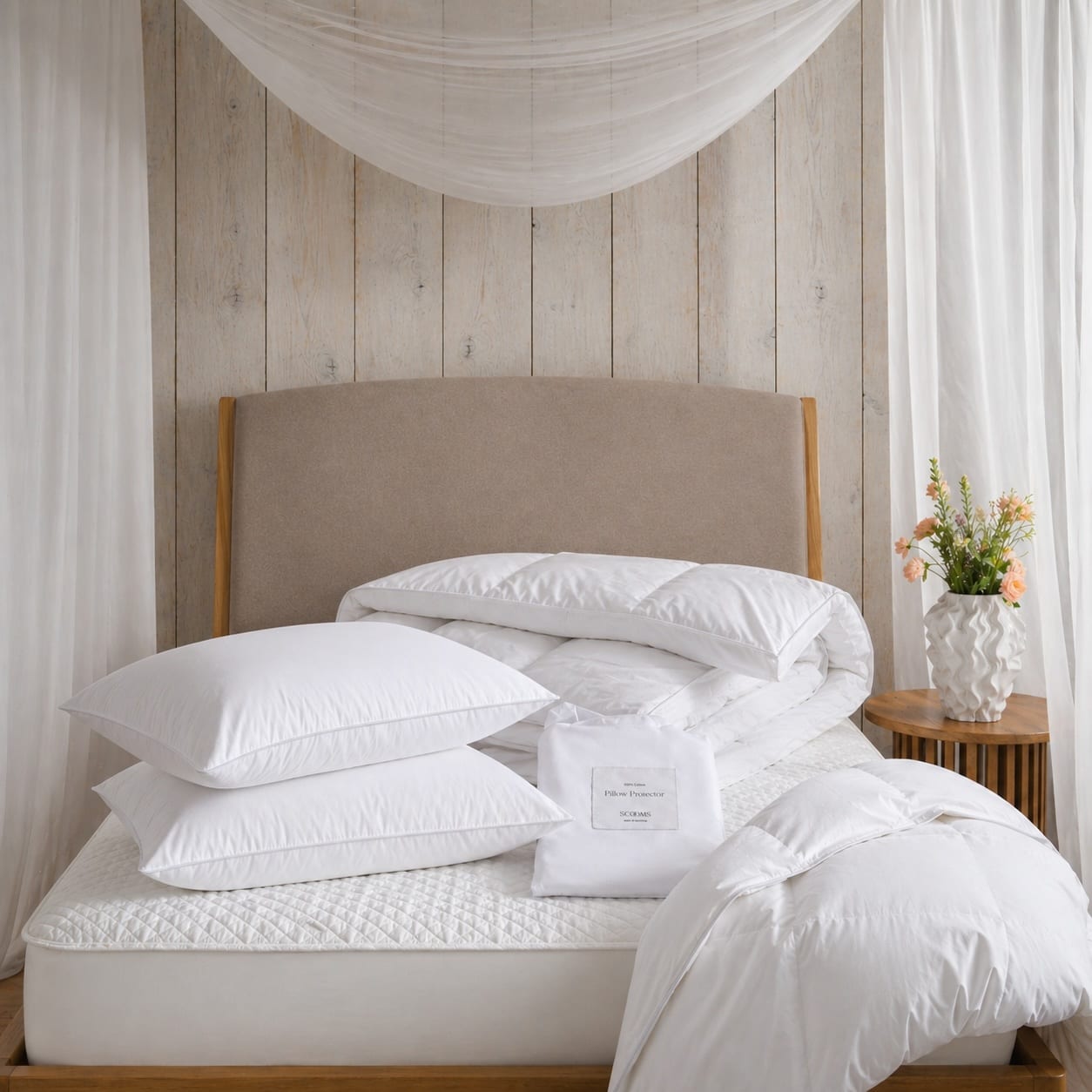 Pillow Protector Pair, Topper, Duvet and Mattress Protector on Bed | Scooms