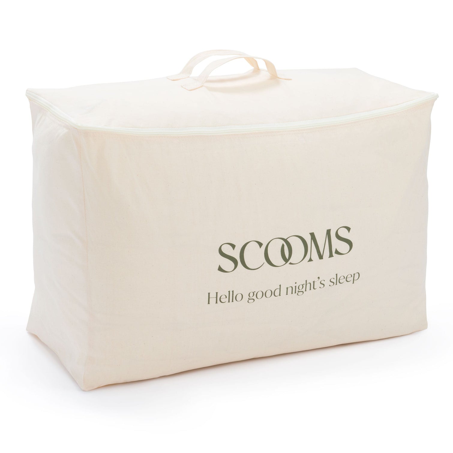 A cream coloured cotton duvet storage bag with a top handle, featuring the brand name Scooms and the slogan 'Hello good night's sleep' printed in dark green on the front, set against a plain white background.