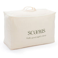 A cream coloured cotton duvet storage bag with a top handle, featuring the brand name Scooms and the slogan 'Hello good night's sleep' printed in dark green on the front, set against a plain white background.