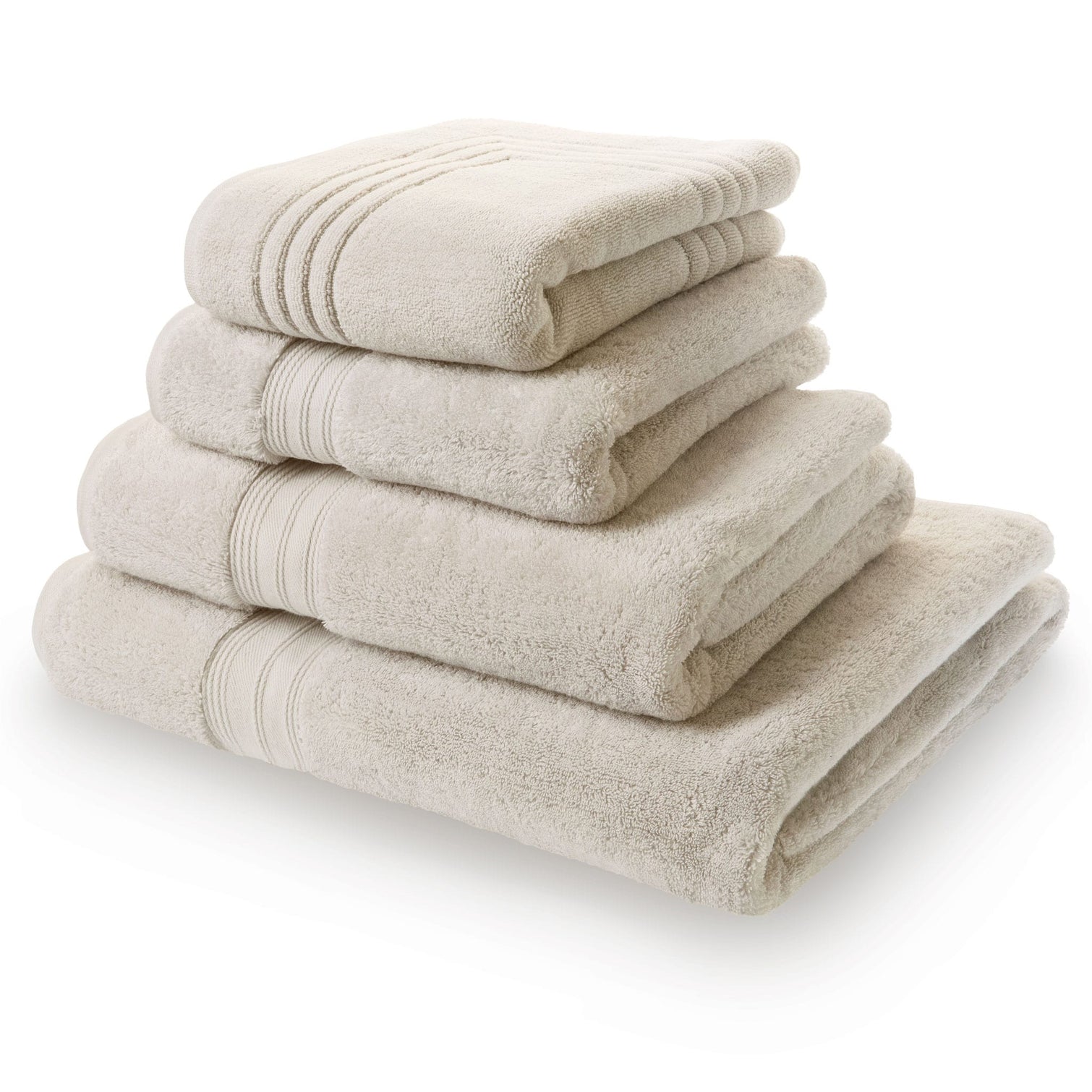 Egyptian bath sheet bundle containing 2 bath sheets, 2 hand towels and a bath mat in pearl grey. Scooms
