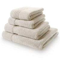 Egyptian bath sheet bundle containing 2 bath sheets, 2 hand towels and a bath mat in pearl grey. Scooms