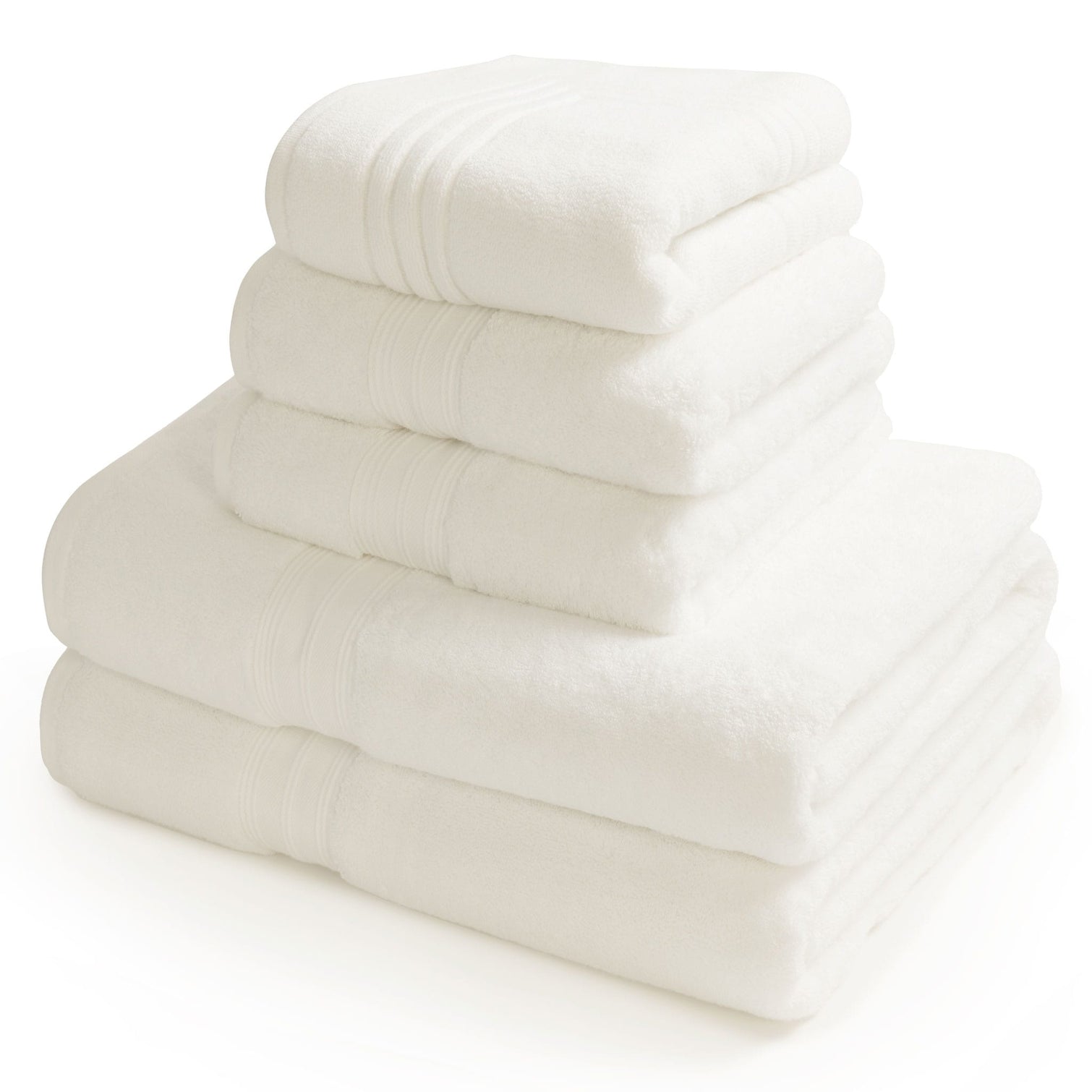 Egyptian bath sheet bundle containing 2 bath sheets, 2 hand towels and a bath mat in white. Scooms