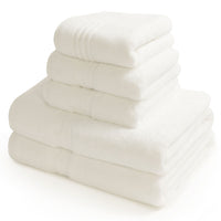 Egyptian bath sheet bundle containing 2 bath sheets, 2 hand towels and a bath mat in white. Scooms