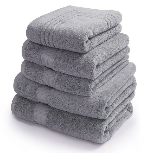 Egyptian bath towel bundle containing 2 bath towels, 2 hand towels and a bath mat in silver grey. | Scooms