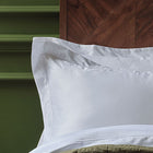 Corner of an Egyptian cotton pillowcase in white on a made bed with a green background and a wooden headboard. Scooms