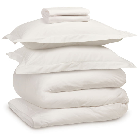 Egyptian cotton bedding bundle in white with a duvet cover, pillowcase pair and sheet. Scooms