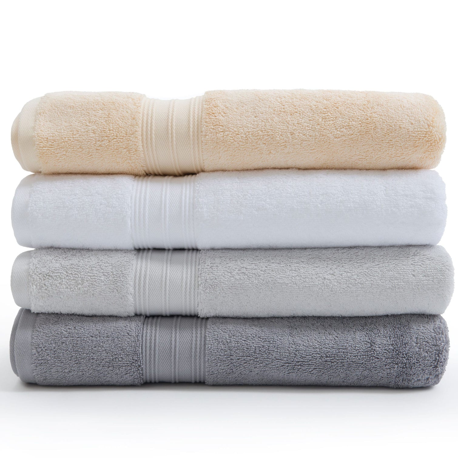 White, silver grey, pearl grey, and creme Egyptian cotton towels in a pile. | Scooms