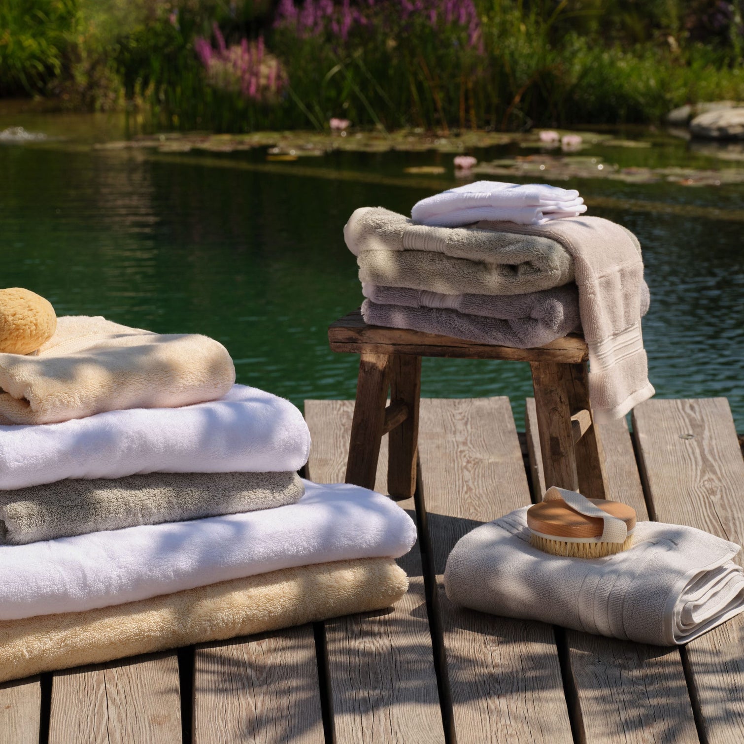 A stack of folded bath towels in white, cream, green, natural and grey tones arranged on a wooden dock beside a calm lake, with a rustic stool holding more folded towels and a small soap dish nearby. | Scooms