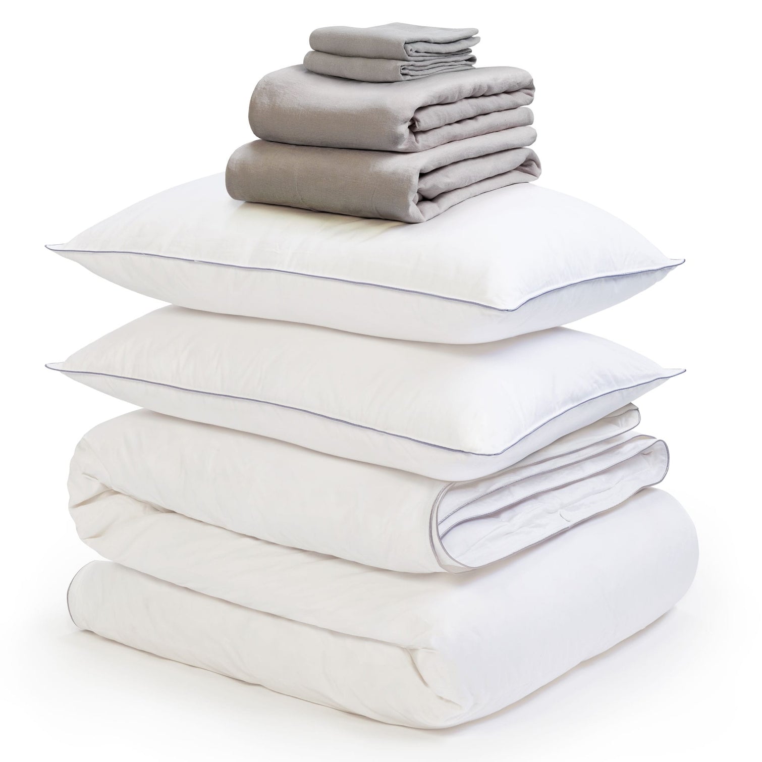 Grey linen bedding bundle consisting of a pair of pillows, an all seasons 13.5 tog (4.5 tog + 9 tog) down duvet, linen duvet cover, linen sheet and linen pillowcases. Scooms