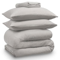 Grey linen bedding bundle consisting of a pair of pillows, an all seasons 13.5 tog (4.5 tog + 9 tog) down duvet, linen duvet cover, linen sheet and linen pillowcases. Scooms