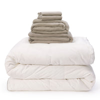 Grey linen bedding bundle consisting of an all seasons 13.5 tog (4.5 tog + 9 tog) down duvet, linen duvet cover, linen sheet and linen pillowcases. Scooms