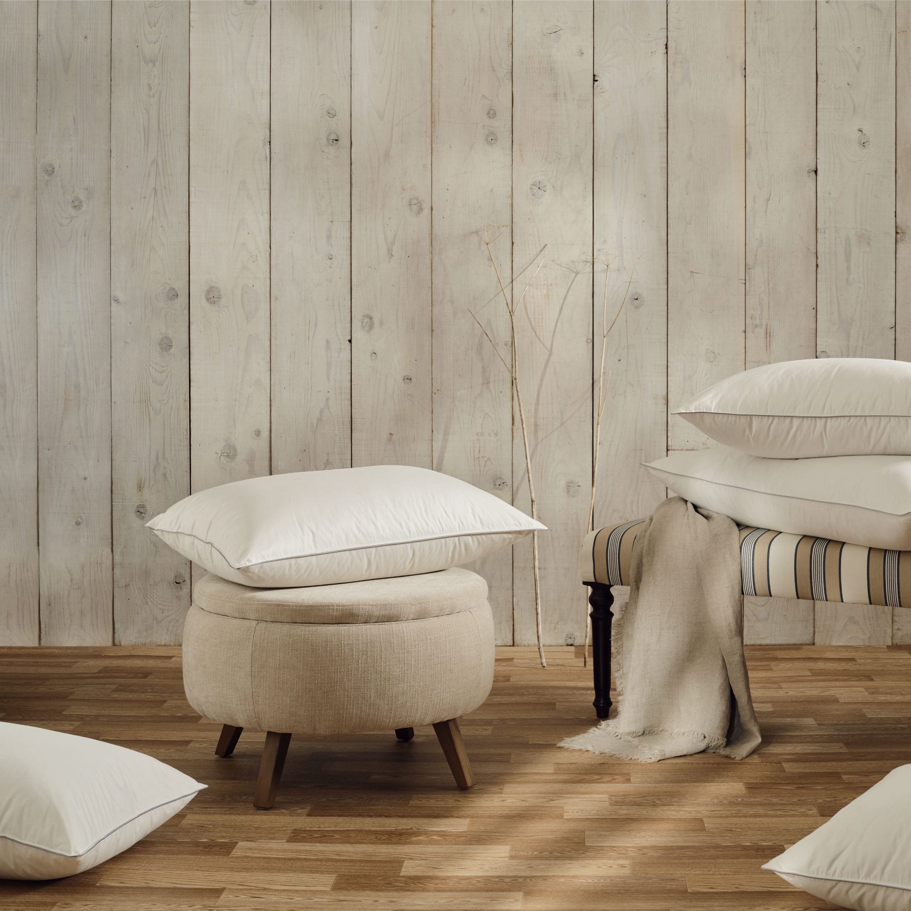 Hungarian goose down pillows on stools. Scooms