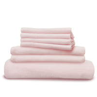 Pink linen bedding bundle pack shot. Scooms