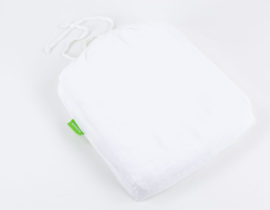 White king size linen fitted sheet on bed with duvet cover and pillows