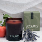 Natural scented candle in an amber glass jar with gift box, orange, lavender and leaves | Scooms