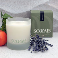 Natural scented candle in a frosted glass jar with gift box, orange, lavender and leaves | Scooms