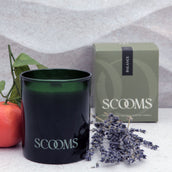 Natural scented candle in an emerald glass jar with gift box, orange, lavender and leaves | Scooms