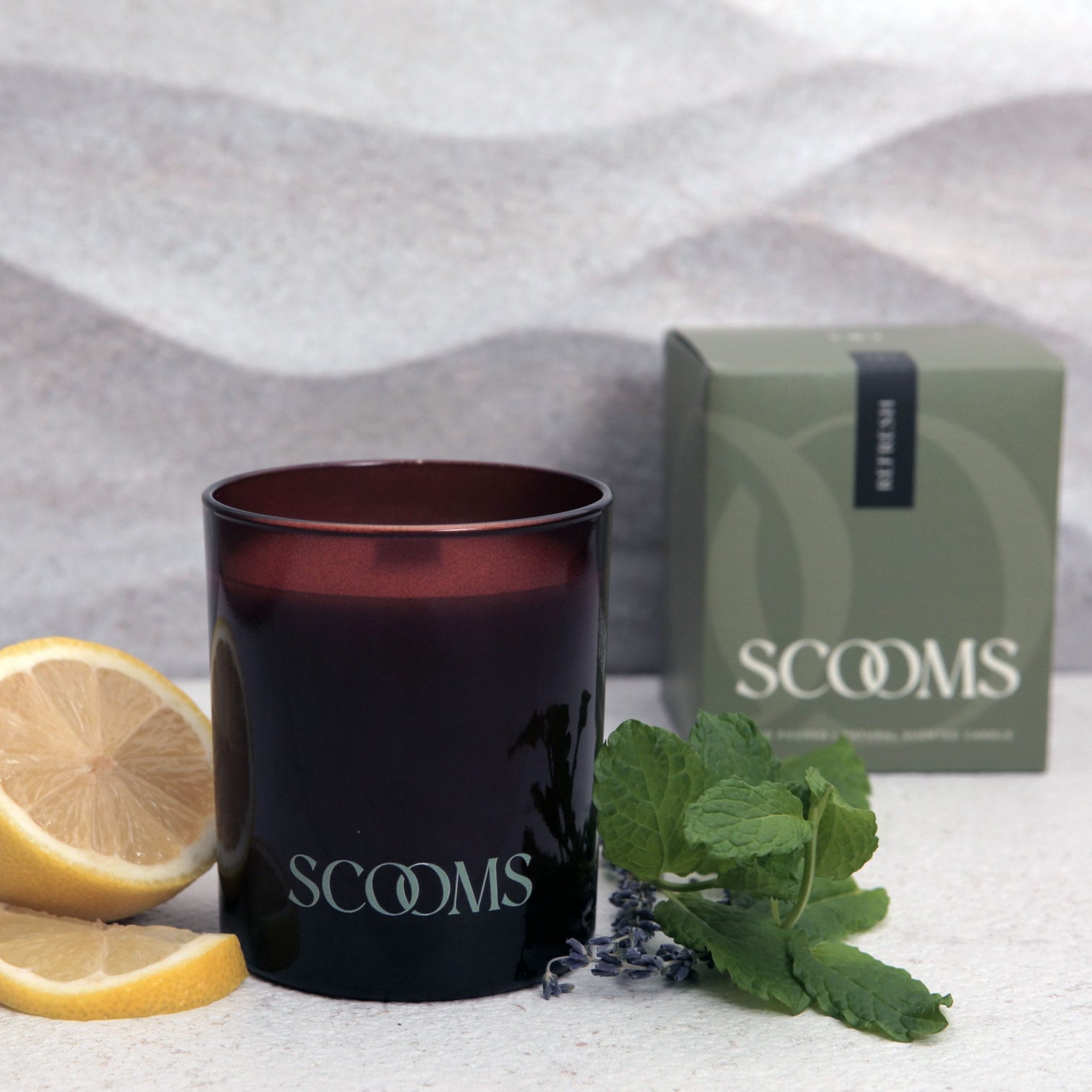 Natural scented candle in an amber glass jar with gift box, lemon, lavender and a sprig of mint | Scooms