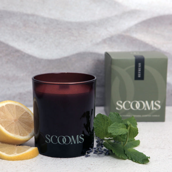 Natural scented candle in an amber glass jar with gift box, lemon, lavender and a sprig of mint | Scooms