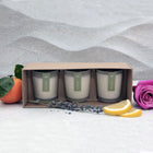 Three natural scented candles in a box set with a lemon, lavender, and rose on a textured surface | Scooms