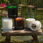 Three SCOOMS scented candles arranged on a rustic wooden stool over shallow water with lily pads and reeds in the background. The candle jars include frosted white glass, dark amber glass and green glass. Two  candle refills sit on the right of the stool.  | Scooms