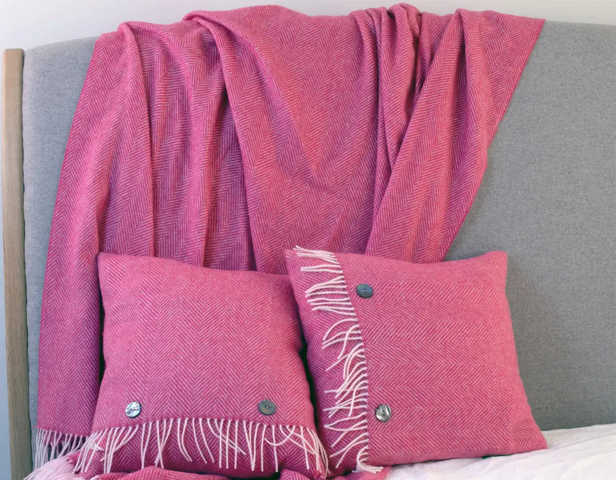 Pink Merino Lambswool Cushions And  Pink Herringbone Throws | scooms