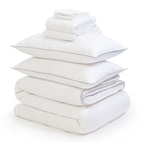 Egyptian cotton bedding bundle consisting of a pair of pillows, an all seasons 13.5 tog (4.5 tog + 9 tog) down duvet, Egyptian cotton duvet cover, sheet and  pillowcases. Scooms