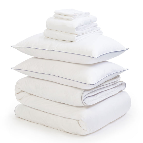 Egyptian cotton bedding bundle consisting of a pair of pillows, an all seasons 13.5 tog (4.5 tog + 9 tog) down duvet, Egyptian cotton duvet cover, sheet and  pillowcases. Scooms