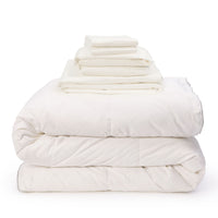 White Egyptian cotton bedding bundle consisting of an all seasons 13.5 tog (4.5 tog + 9 tog) down duvet, Egyptian cotton duvet cover, fitted sheet and pillowcases. Scooms