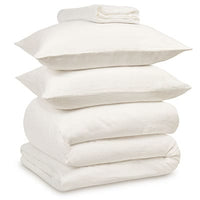 White linen bedding bundle consisting of a pair of pillows, an all seasons 13.5 tog (4.5 tog + 9 tog) down duvet, linen duvet cover, linen sheet and linen pillowcases. Scooms